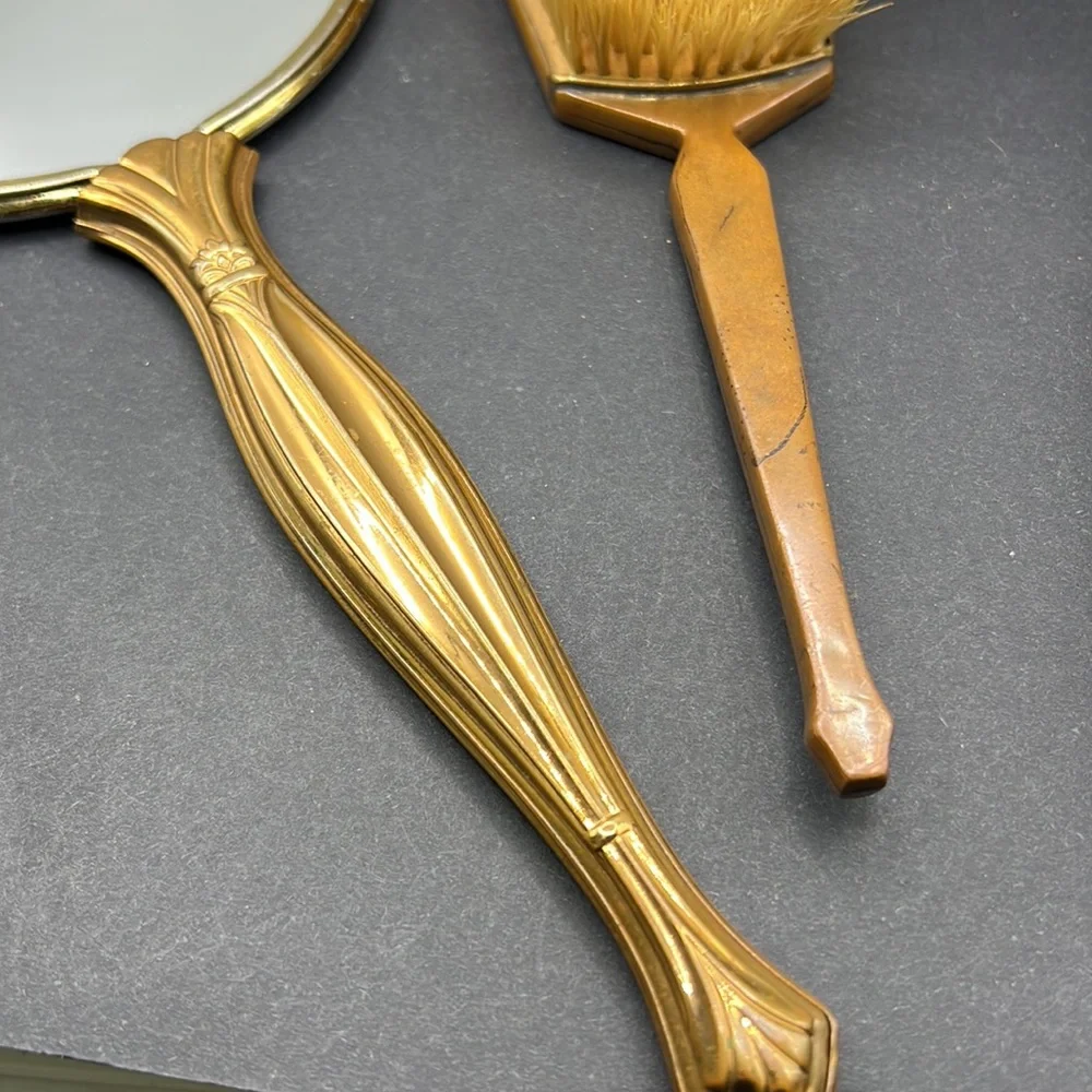 Vintage vanity flower mirror and brush set